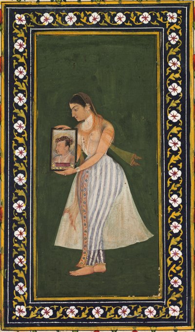 नूरजहाँ, सम्राट जहाँगीर का चित्र पकड़े हुए, सी। 1627। द्वारा बिशांडस