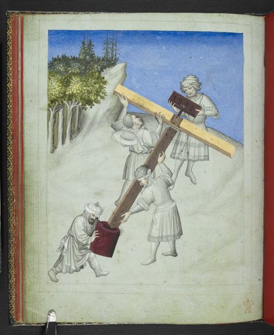 24189 जोड़ें, f.11v, चार अलग-अलग प्रकार की लकड़ी से बने, अलग-अलग रंगों में चित्रित, क्राइस्ट के क्रॉस का संयोजन, #39;सर जॉन मैंडविले की यात्रा की पिक्चर बुक#39; से, c.1410 (वेल्लम) द्वारा बोहेमियन स्कूल