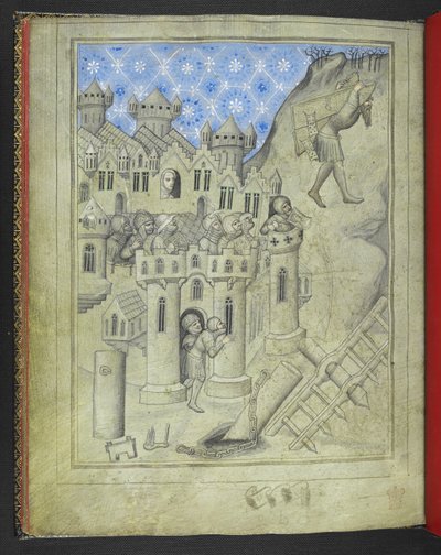 24189 जोड़ें। f.16v, सैमसन गाजा के द्वारों को ले जा रहा है, बख्तरबंद सैनिकों द्वारा शहर की दीवारों से देखा जा रहा है और एक खिड़की पर, डेलिलाह, #39;सर जॉन मैंडविले की यात्राओं की पिक्चर बुक#39; से, c.1410 (वेल्लम) द्वारा बोहेमियन स्कूल