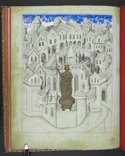 24189 जोड़ें, f.9v, कॉन्स्टेंटिनोपल शहर, सेंट सोफिया के गिरजाघर के सामने सम्राट जस्टिनियन की एक बड़ी मूर्ति के साथ, #39;सर जॉन मैंडविले की यात्रा की पिक्चर बुक#39; से, c.1410 (वेल्लम) द्वारा बोहेमियन स्कूल