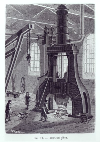 Le Creusot Power Hammer, औद्योगिक मशीनों के बारे में एक पुस्तक के लिए चित्रण, 1880 (bw फोटो) द्वारा bonnafoux