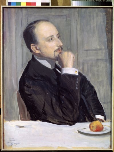 कलाकार एवगेनी एवगेनिविच लांसरे (यूजीन लांसरे) का पोर्ट्रेट (1875-1946) (कलाकार ई. लांसरे का पोर्ट्रेट)। ओउवरे डे बोरिस माइकलोविच कस्टोडीव (कॉस्टोडीव) (1878-1927), कार्टन पर टेम्परा द्वारा बोरिस मिखाइलोविच कुस्तोडीव