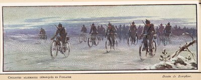 फिनलैंड पहुंचे जर्मन साइकिल चालक; हिस्टोइरे डेस सोवियत, पब से। 1922 (रंग लिथो) द्वारा बोरिस वासिलिविच ज़्वोरिंक