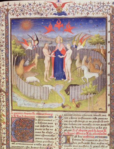 सुश्री 251, f.16r: देस प्रोपेरीटेस डी चोसे से एडम और ईव की शादी, c.1415 सोने की पत्ती, सोने की स्याही और गुस्सा 276966 के चर्मपत्र विवरण द्वारा बाउकाइक मास्टर