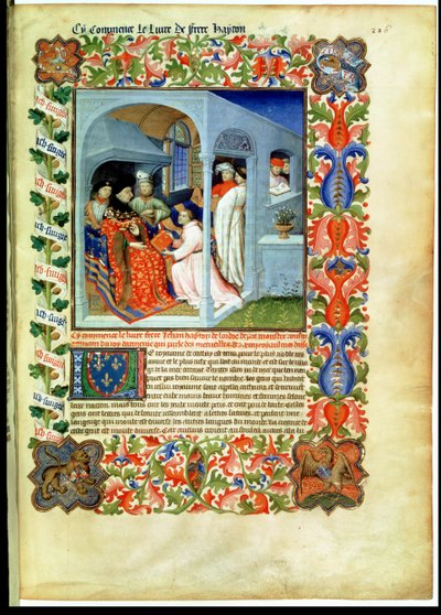 Ms Fr 2810 f.226, ब्रदर हेयटन ने &39;द बुक ऑफ वंडर्स ऑफ द वर्ल्ड&39; से जॉन फियरलेस को अपनी पुस्तक प्रस्तुत की, c.1410-12 (1vellum पर स्वभाव) द्वारा बाउकाइक मास्टर