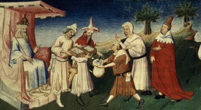 Ms Fr 2810 f.45, &39;द लिवर दे मर्सिल्स डू मोंडे&39; से महान खान ने मुद्रा के रूप में पेड़ की छाल का इस्तेमाल किया, c.1410-12 (वेल्लम पर तापमान) द्वारा बाउकाइक मास्टर