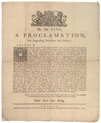 एक उद्घोषणा, दमन के लिए विद्रोह ..., 23 अगस्त 1775 द्वारा ब्रिटिश स्कूल
