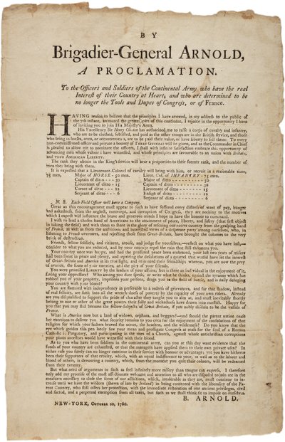 20 अक्टूबर 1780 को महाद्वीपीय सेना के अधिकारियों और सैनिकों के लिए उद्घोषणा द्वारा ब्रिटिश स्कूल