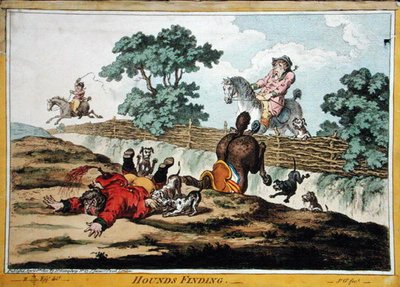 हाउंड्स फाइंडिंग, जेम्स गिल्रे (1756-1815) द्वारा नक़्क़ाशीदार, हन्ना हम्फ्री द्वारा 1800 में प्रकाशित (हाथ से रंगी हुई नक़्क़ाशी) (191237 भी देखें) द्वारा ब्राउनलो (बाद में) उत्तर
