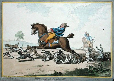 हाउंड्स इन फुल क्राई, एच्च्ड बाय जेम्स गिल्रे (1757-1815) जिसे हन्ना हम्फ्री द्वारा 1800 में प्रकाशित किया गया था (हाथ से रंगी हुई नक़्क़ाशी) द्वारा ब्राउनलो (बाद में) उत्तर