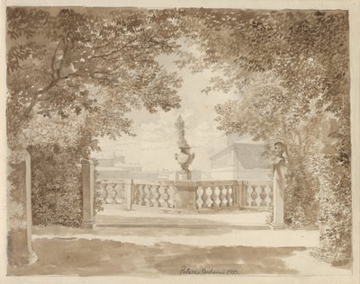 पलाज्जो बारबेरिनी के बगीचे से महल और क्विरिनले, रोम की ओर का दृश्य द्वारा क्रिस्टोफर विल्हेम एकर्सबर्ग