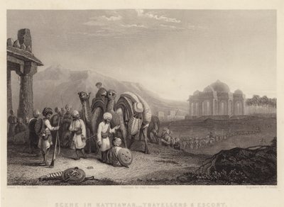 कटियावाड़ में दृश्य, यात्री और अनुरक्षण (उत्कीर्णन) द्वारा सी। (बाद) स्टैनफील्ड