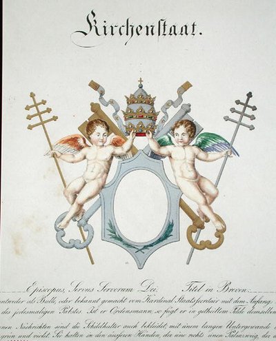 जर्मनी में प्रकाशित जल रंगों के संग्रह से वेटिकन के चर्च राज्य के हथियार, c.1830-33 (कलर लिथो) द्वारा सी। हिल्डेब्रांड्ट