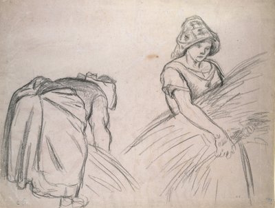 दो महिला हार्वेस्टर का अध्ययन, 1882 (सफेद के साथ गुलाबी कागज पर काला चाक) द्वारा केमिली जैकब पिसारो