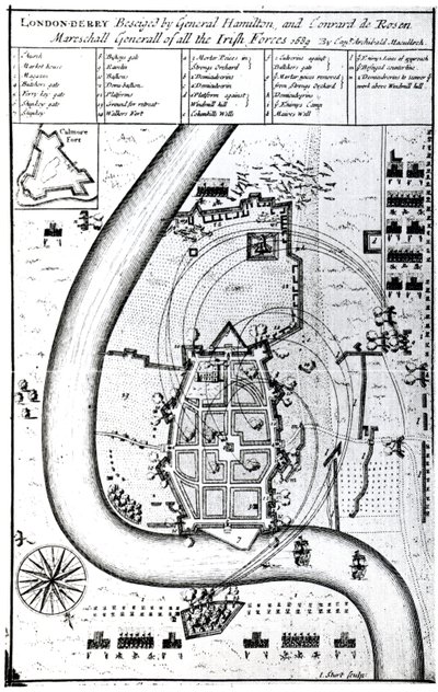 जेन्डर्ट, 1689 द्वारा उत्कीर्ण जनरल हैमिल्टन और कॉनराड डी रोसेन द्वारा लेज़रडेरी बाइसिगेड द्वारा कप्तान आर्चीबाल्ड मैकुलोच