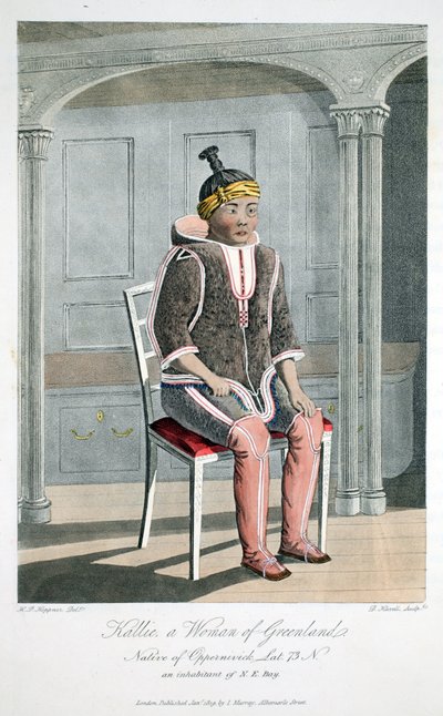 कल्ली, ग्रीनलैंड की एक महिला, नेटिव ऑफ ऑपर्निविक, &39;ए वॉयज ऑफ डिस्कवरी ...&39; से चित्रण, 1819 (हाथ से उकेरी गई नक्काशी) द्वारा कैप्टन होपनर