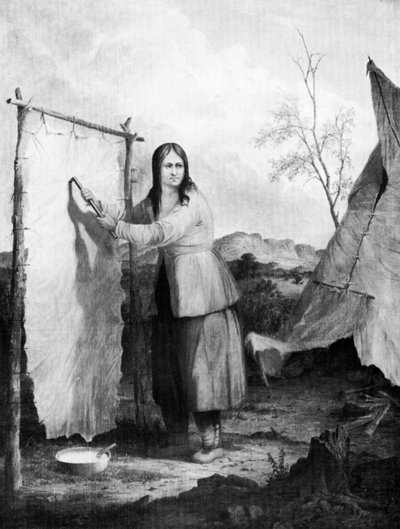 इंडियन वुमन ड्रेसिंग ए डीयर स्किन, 1868। द्वारा कप्तान सेठ ईस्टमैन