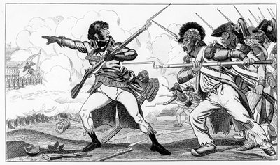 20 सितंबर, 1792 को वाल्मी की लड़ाई में सबोट्स में स्वयंसेवक, एस। क्राको द्वारा उत्कीर्ण लुई ब्लैंक द्वारा &39;हिस्टोइरेस डे ला रिवॉल्यूशन फ्रैंकोइस&39; का चित्रण। द्वारा कारन डी अचे