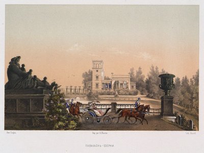 पीटरहॉफ पार्क, 1853 में गुलाबी मंडप ओज़ेरकी मंडप। द्वारा Schaffhausen . के कार्ल फ्रेडरिक ज़िग्लर