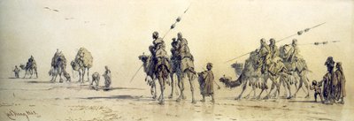 1868 में रेगिस्तान में एक कुआं, बेदोइन अप्रोचिंग का एक कारवां (कागज पर पेंसिल और वॉश) द्वारा कार्ल हाग