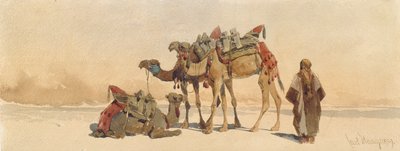 1859 में रेगिस्तान में तीन ऊंटों के साथ आराम करते हुए द्वारा Carl Haag