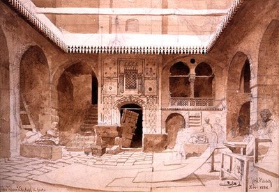 1858 में काहिरा में चैन चैले कार्पेट बाज़ार, (कागज़ पर पेंसिल और भूरे रंग के कपड़े) द्वारा कार्ल हाग