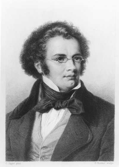 फ्रांज़ स्कुबर्ट (1797-1828) के पोर्ट्रेट एच। रोमर द्वारा उत्कीर्ण द्वारा कार्ल जेगर
