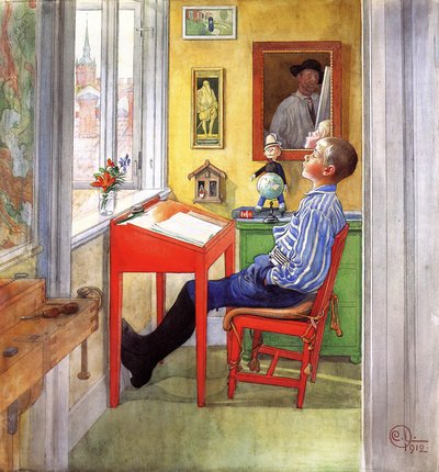 एबजॉर्न डूइंग होमवर्क, 1912 (wc, gouache und पेंसिल ऑन पेपर ऑन कैनवास) द्वारा Carl Larsson