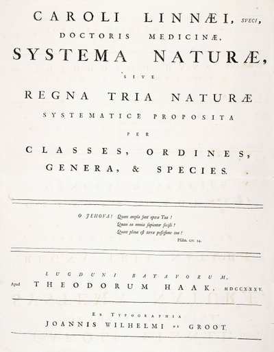 &39;Systema naturae&39; से शीर्षक पृष्ठ द्वारा कार्ल लिनिअस