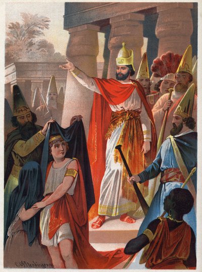 सारस्त्रो के एक संकेत पर, एक पुजारी "" मंत्रमुग्ध बांसुरी" (डाई ज़ुबेरफ्लोट, फ्लोटो मैजिको, द मैजिक फ्लूट) में कार्ल ऑफ्टरडिंगर (1829-1889) द्वारा प्रिंस टैमिनो और प्रिंसेस पामिना इलस्ट्रेशन पर बड़ी काली पाल फैलाता है। निजि संग्रह। द्वारा कार्ल ऑफ़्टरडिंगर