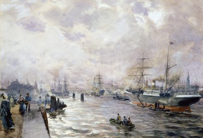 हैम्बर्ग के बंदरगाह में नौकायन जहाजों, 1889 (कागज पर wc और gouache) द्वारा Carl Rodeck