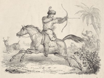 घोड़े की पीठ पर शिकार करने वाले हिरण, 1821-36। द्वारा कारल वर्नेट