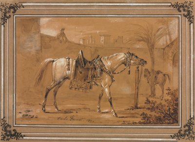 कोर्टयार्ड, 1820 में सैडल्ड अरेबियन हॉर्स। द्वारा कारल वर्नेट