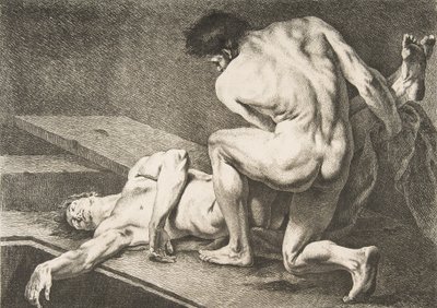 एन एकडेमी: वन मैन लिफ्टिंग द लेग्स ऑफ अदर मैन, 1742-43। द्वारा कारल वैन लू