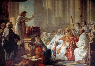 वेलेरे से पहले सेंट ऑगस्टीन (354-430) की भविष्यवाणी, कार्ले वैन लू (1705-1765) 18 वीं शताब्दी पेरिस द्वारा हिप्पोन पेंटिंग की पूर्व संध्या। चर्च ऑफ अवर लेडी ऑफ विक्ट्रीज द्वारा कारल वैन लू