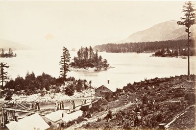 ऊपरी कैस्केड में द्वीप, ओरेगन, 1867, सीए मुद्रित। 1876. द्वारा कार्लटन एम्मन्स वॉटकिंस