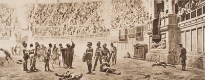 1920 में प्रकाशित एचजी वेल्स, वॉल्यूम II द्वारा &39;द आउटलाइन ऑफ हिस्ट्री&39; से दृष्टांत, ग्लैडीएटोरियल कॉम्बैट को रोकने का प्रयास करने वाले भिक्षु अल्माशियस द्वारा कार्लो Ademollo