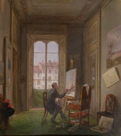 चित्रकार Giuseppe Canella अपने स्टूडियो में एक कैनवास पर काम करते हैं, c.1830 द्वारा कार्लो कैनेला