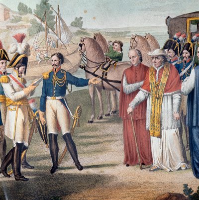 पोप पायस VII (Pio) (1742-1823) को 25 मार्च 1814 को पर्मा के पास ऑस्ट्रो-नियपोलिटन सेना द्वारा इटली लौटने पर गिरफ्तार किया गया था - कार्लो लासिनियो द्वारा उत्कीर्णन (1759-1838) - रंग लिथोग्राफी (पोप पायस VII की गिरफ्तारी) (१७४२-१८२३) द्वारा इटली लौटने पर द्वारा कार्लो लासिनियो
