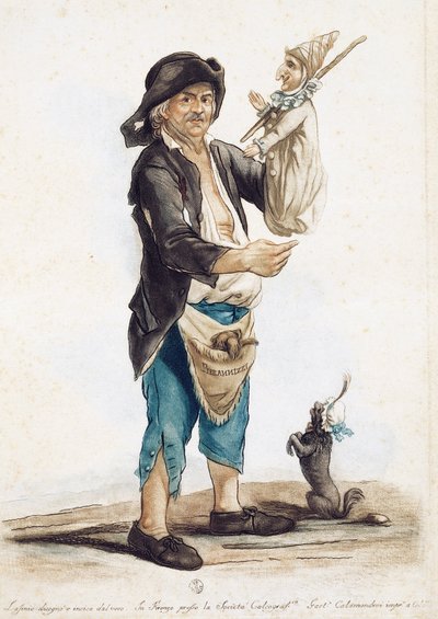 कठपुतली पियरनिज़ी, कार्लो लासिनियो (1759-1838), इटली द्वारा ड्राइंग और रंगीन उत्कीर्णन द्वारा कार्लो लासिनियो