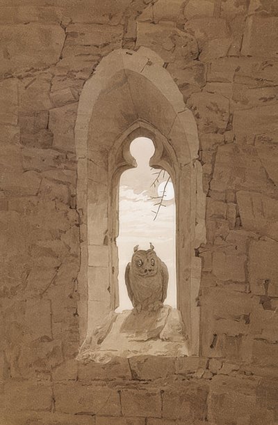 गॉथिक खिड़की में उल्लू। 1836 के आसपास द्वारा Caspar David Friedrich