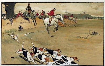 सेसिल एल्डिन (1870-1935) द्वारा 19वीं सदी के निजी संग्रह द्वारा शिकार का दृश्य, कुत्तों का झुंड वाटर कलर गेम के बाद भौंकता है द्वारा सेसिल चार्ल्स विंडसर एल्डिन