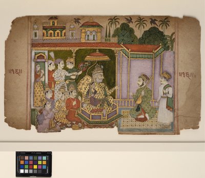 एक राजा और दरबारी एक संगीतकार को सुनते हैं, c.1750 (अपारदर्शी जल रंग और कागज पर सोना) द्वारा सेंट्रल इंडियन स्कूल