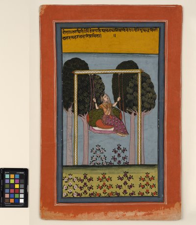झूले में एक महिला, c.1800 (अपारदर्शी जल रंग और कागज पर सोना) द्वारा सेंट्रल इंडियन स्कूल