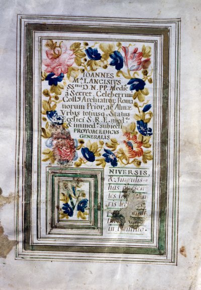 Giovanni Maria Lancisi द्वारा रोम में जारी मेडिकल डिग्री (1654-1720) द्वारा केंद्रीय इतालवी स्कूल