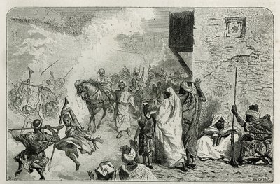एक युवा लड़का खतना समारोह की वापसी पर विजयी पोशाक पहनता है, उस भीड़ के बीच में जो हवा में बंदूक की गोली चलाती है, जबकि चिल्लाती है और फिर से खुद का आनंद लेती है, सी. बिसेओ द्वारा उत्कीर्णन द्वारा एडमोंडो डी एमिसिस द्वारा ले मैरोक की कहानी को चित्रित करने क द्वारा सेसारे बिसेओ