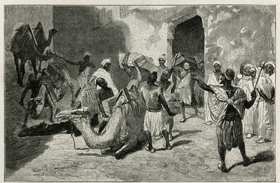 कहानी के लेखक के कारवां से ऊंटों की लोडिंग, एटांगेर, बिसेओ द्वारा उत्कीर्ण, 1875 में एडमोंडो डी एमिसिस द्वारा ली मैरोक की कहानी को चित्रित करने के लिए, एडौर्ड चार्टन के निर्देशन में टूर डू मोंडे में प्रकाशित किया गया था। द्वारा सेसारे बिसेओ