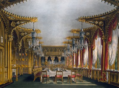 गॉथिक डाइनिंग रूम, थॉमस सदरलैंड द्वारा उत्कीर्णन (1785-1838), चार्ल्स वाइल्ड (1781-1835) द्वारा डिजाइन के आधार पर, रॉयल रेजिडेंस के इतिहास से द्वारा चार्ल्स (बाद में) जंगली