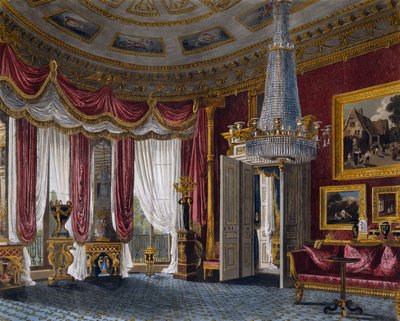 गुलाबी साटन ड्राइंग रूम, रिचर्ड रीव द्वारा उत्कीर्णन (1780 में पैदा हुआ), चार्ल्स वाइल्ड (1781-1835) द्वारा डिजाइन के आधार पर, रॉयल रेजिडेंस के इतिहास से द्वारा चार्ल्स (बाद में) जंगली