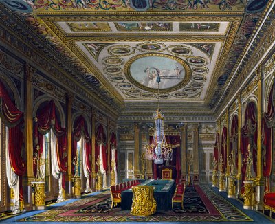 थ्रोन रूम, थॉमस सदरलैंड द्वारा उत्कीर्णन (1785-1838), चार्ल्स वाइल्ड (1781-1835) द्वारा डिजाइन के आधार पर, रॉयल रेजिडेंस के इतिहास से द्वारा चार्ल्स (बाद में) जंगली